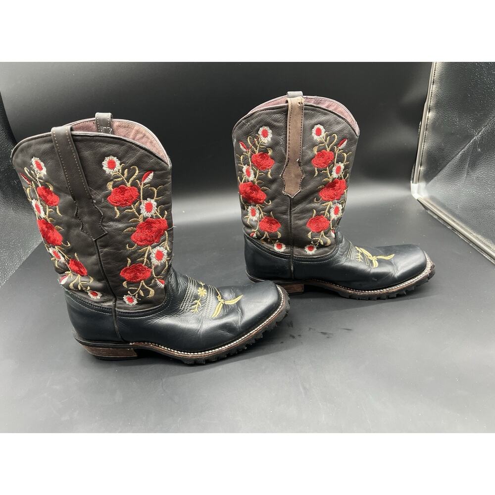 Women’s Genuine Leather Red Rose Black Nobuck Square Toe Western Cowgirl Boot